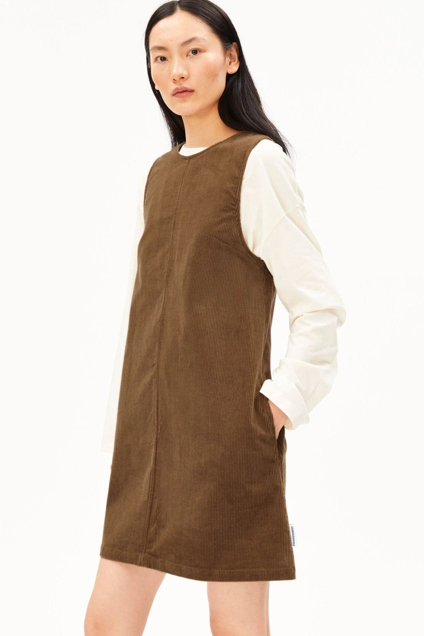 ARMEDANGELS-Corduroy R-Neck Mini Dress-Amberwood-BACKYARD