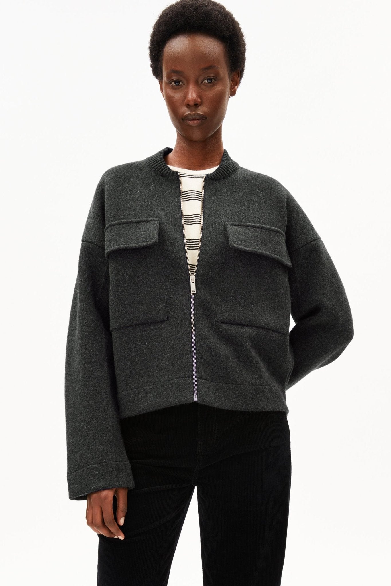 ARMEDANGELS-Cotton-Wool Bomber Knit Jacket-Steel Melange-BACKYARD