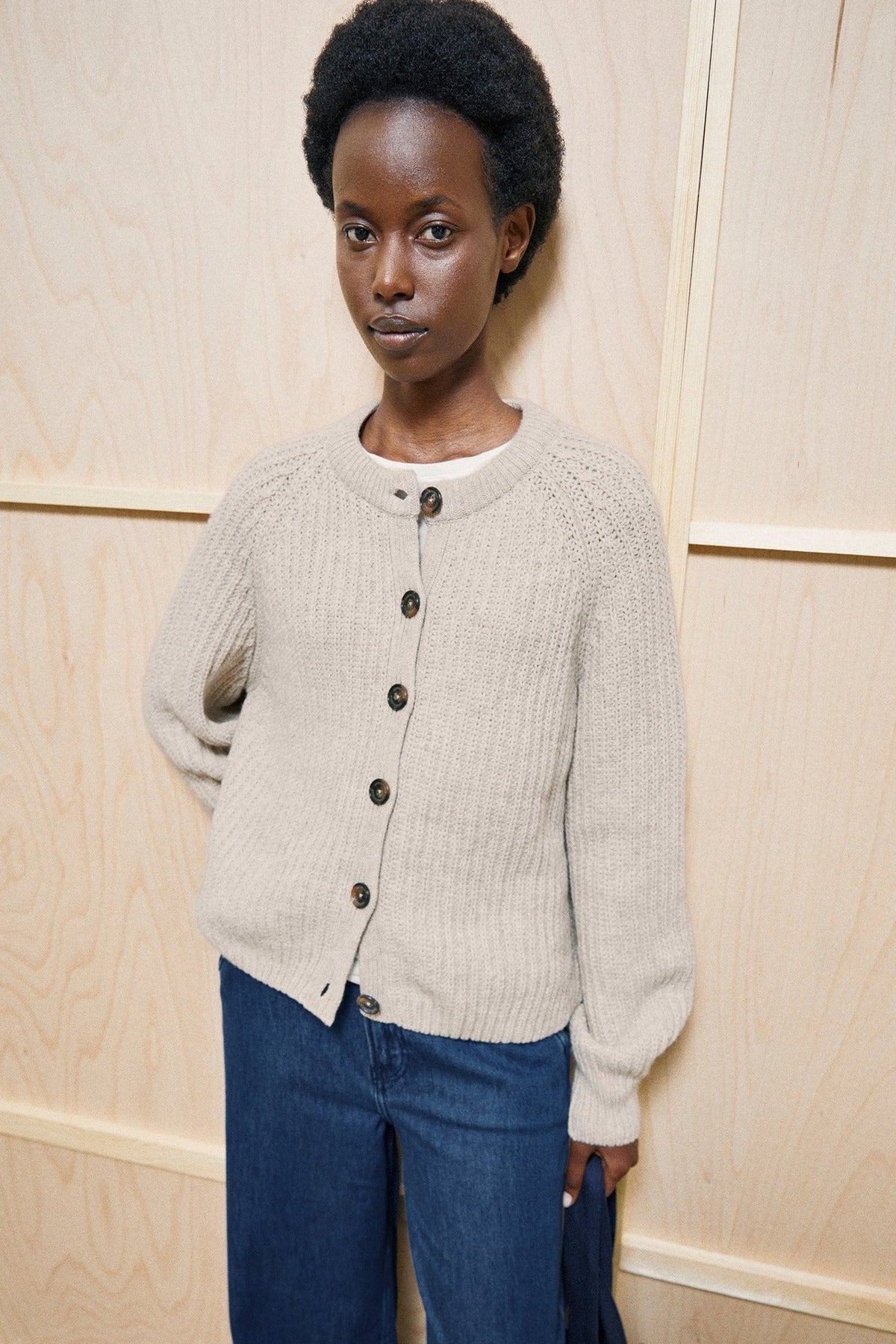 ARMEDANGELS-Rib Knit Cardigan-Honey Melange-BACKYARD