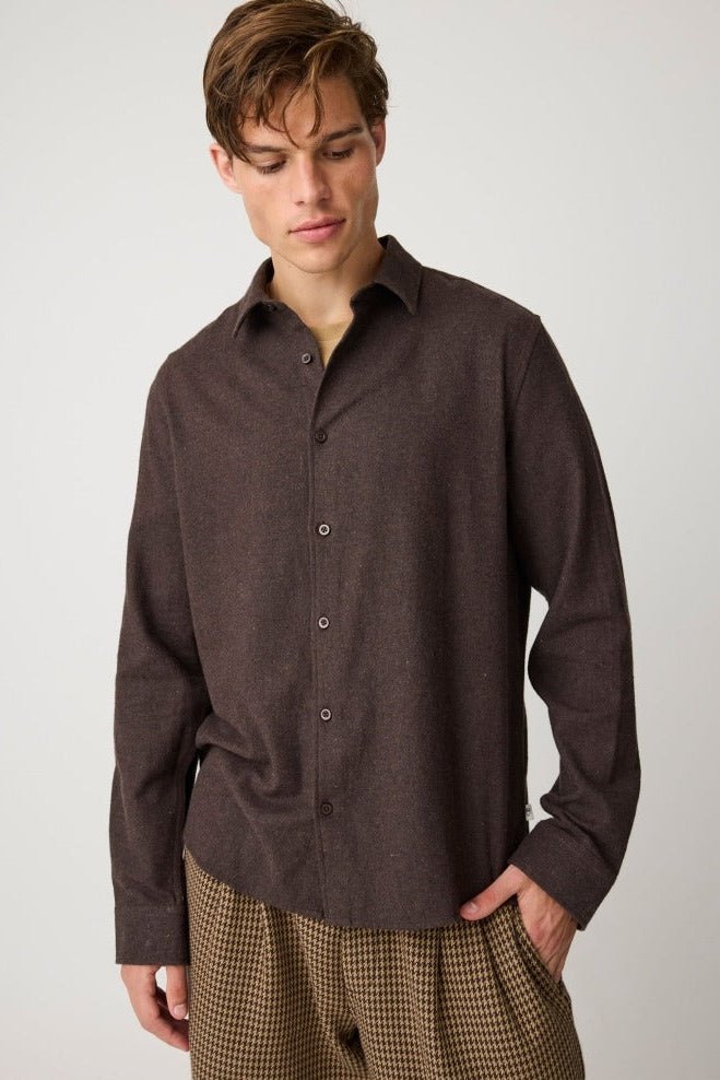 KNOWLEDGE COTTON-Dune Regular Flannel Shirt-Chocolate Torte-BACKYARD
