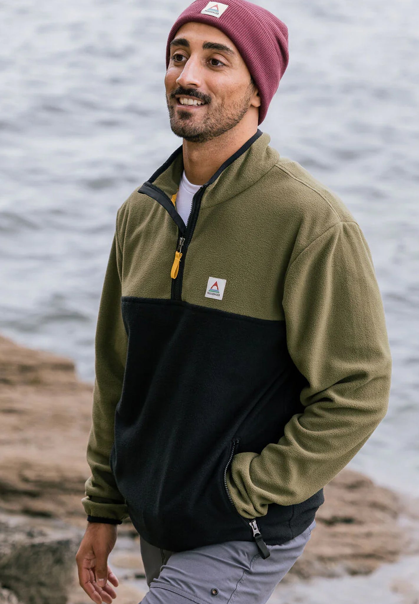 PASSENGER - Set Off Recycled Polar 1/4 Zip Fleece - Khaki - BACKYARD