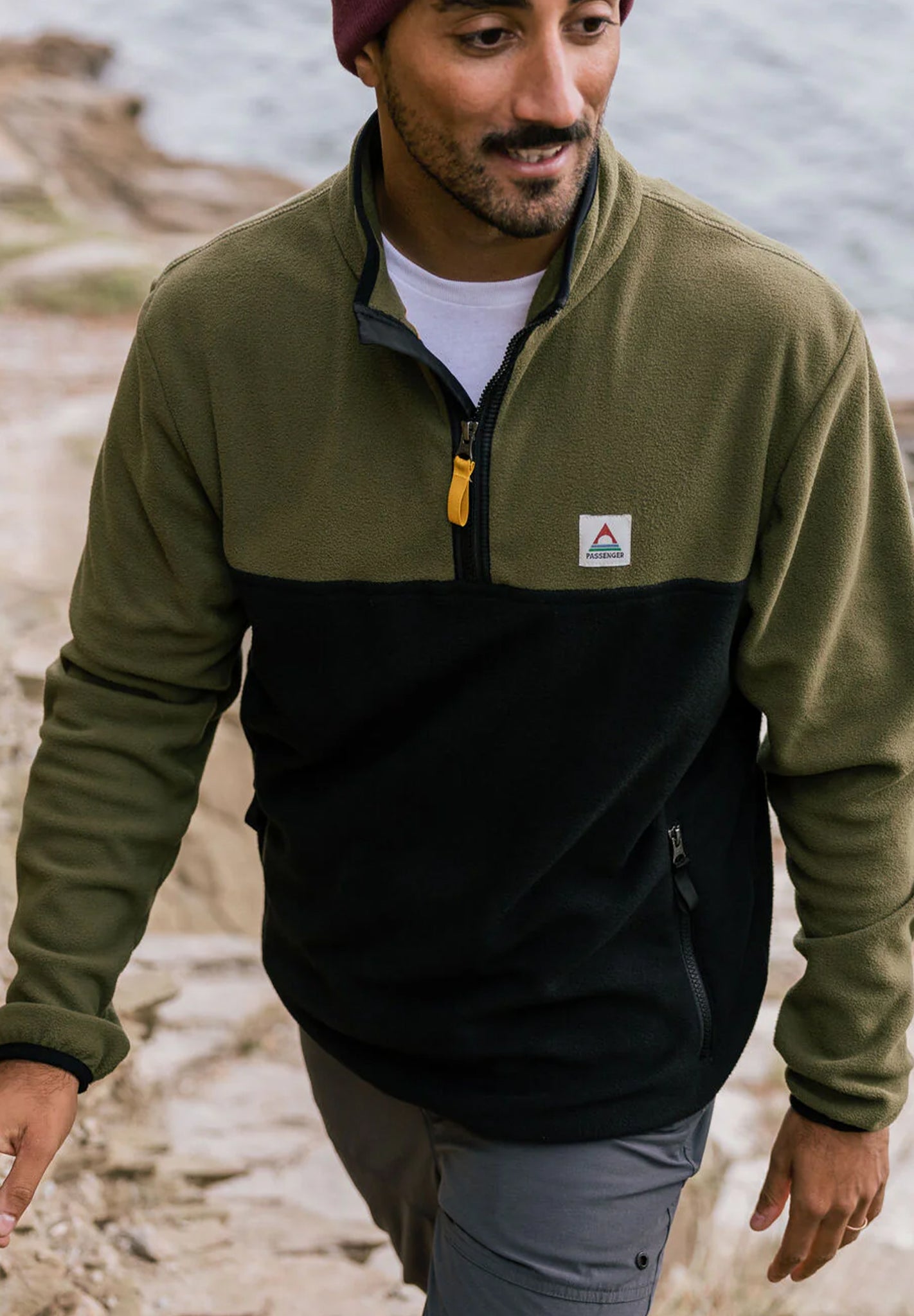 PASSENGER - Set Off Recycled Polar 1/4 Zip Fleece - Khaki - BACKYARD