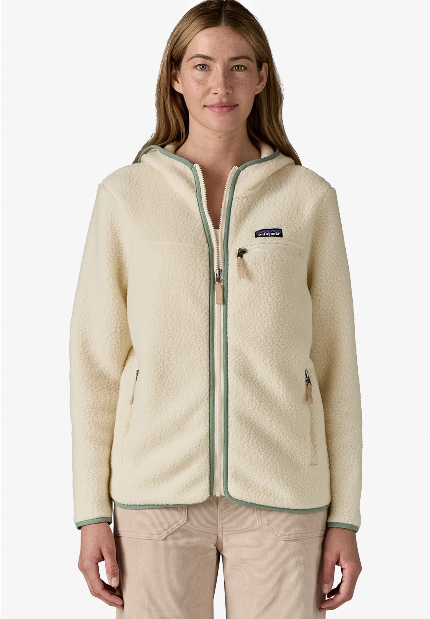Patagonia Women's Retro Pile Hoody, Natural w/Ellwood Green bei