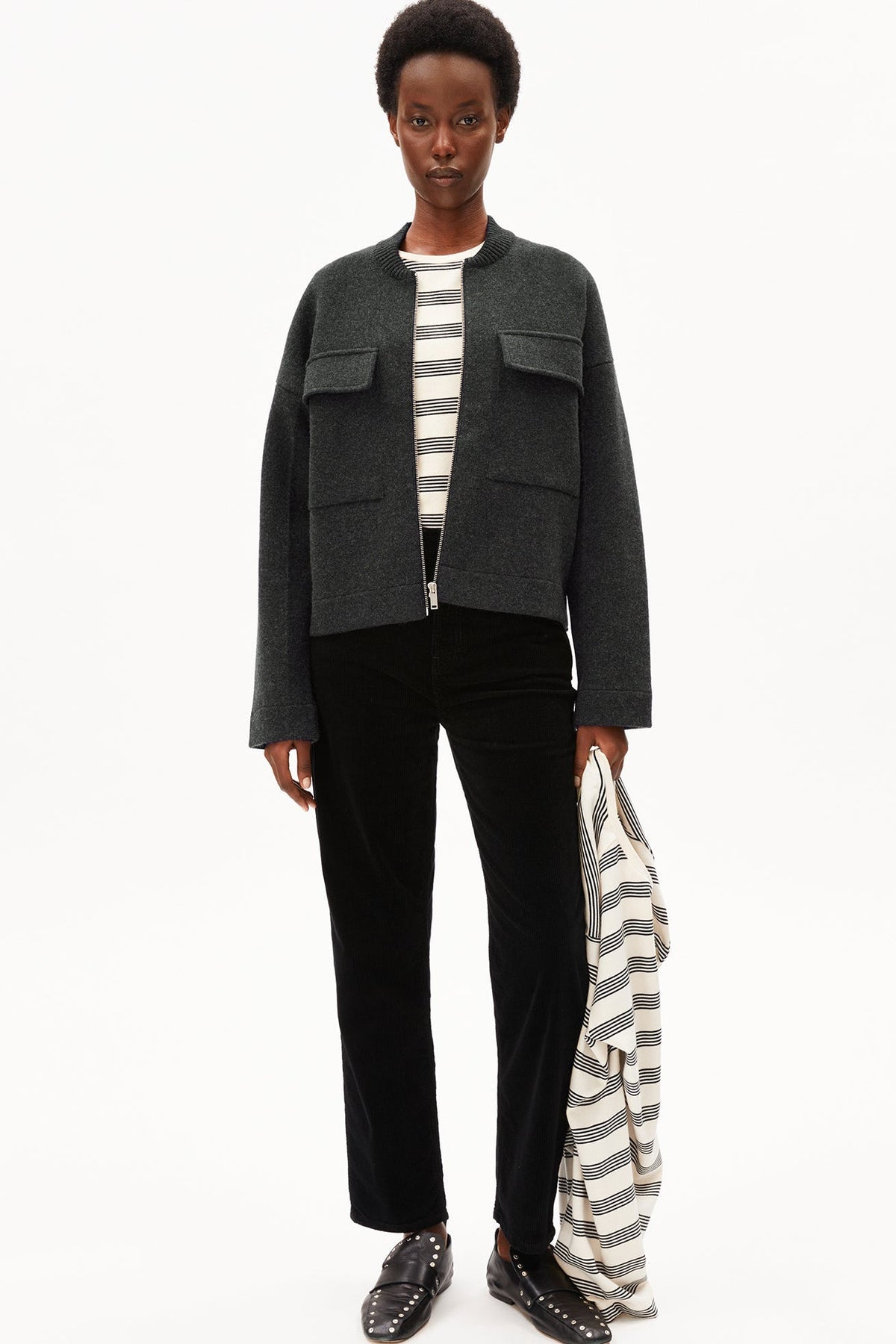 ARMEDANGELS-Cotton-Wool Bomber Knit Jacket-Steel Melange-BACKYARD