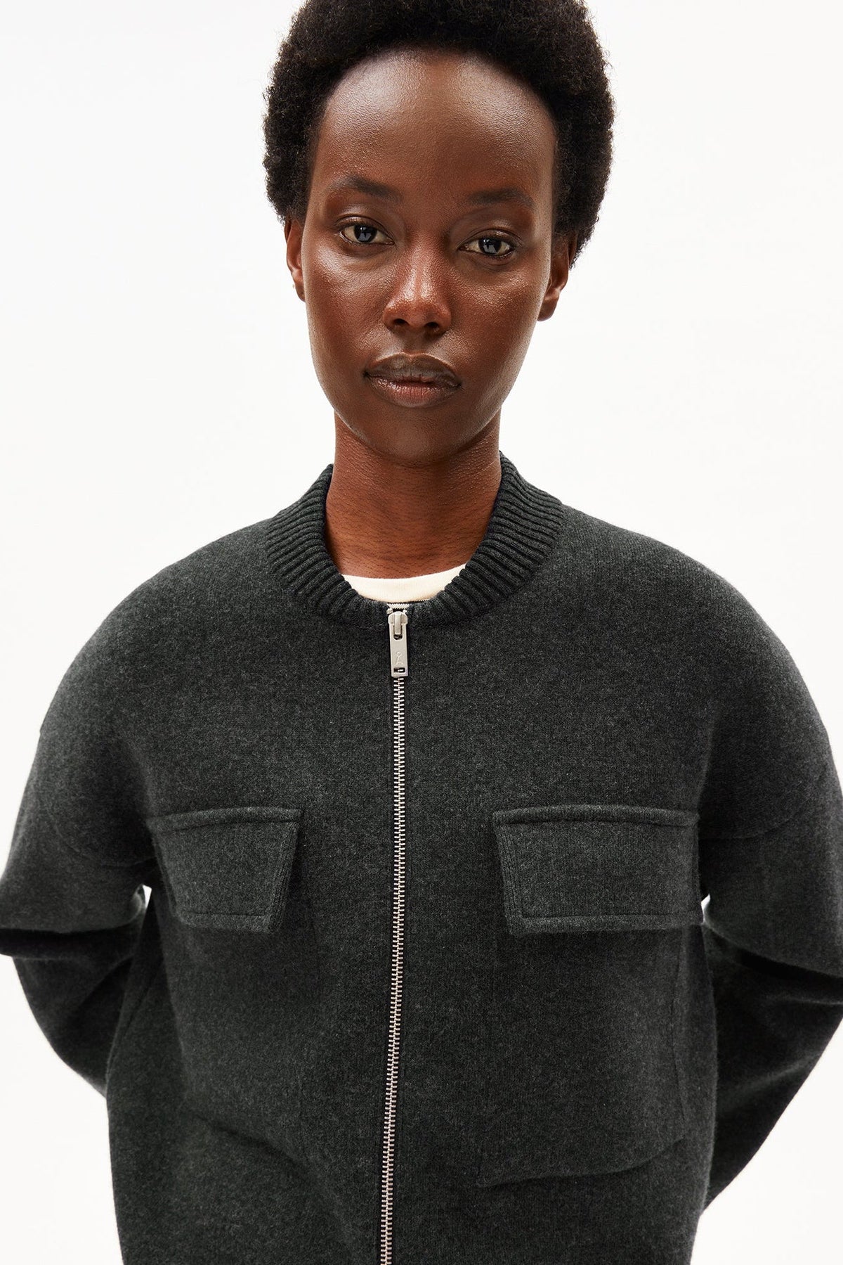 ARMEDANGELS-Cotton-Wool Bomber Knit Jacket-Steel Melange-BACKYARD