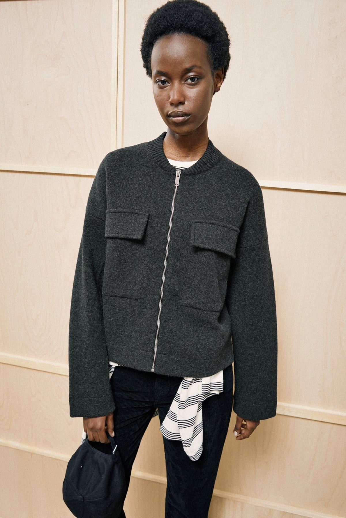 ARMEDANGELS-Cotton-Wool Bomber Knit Jacket-Steel Melange-BACKYARD