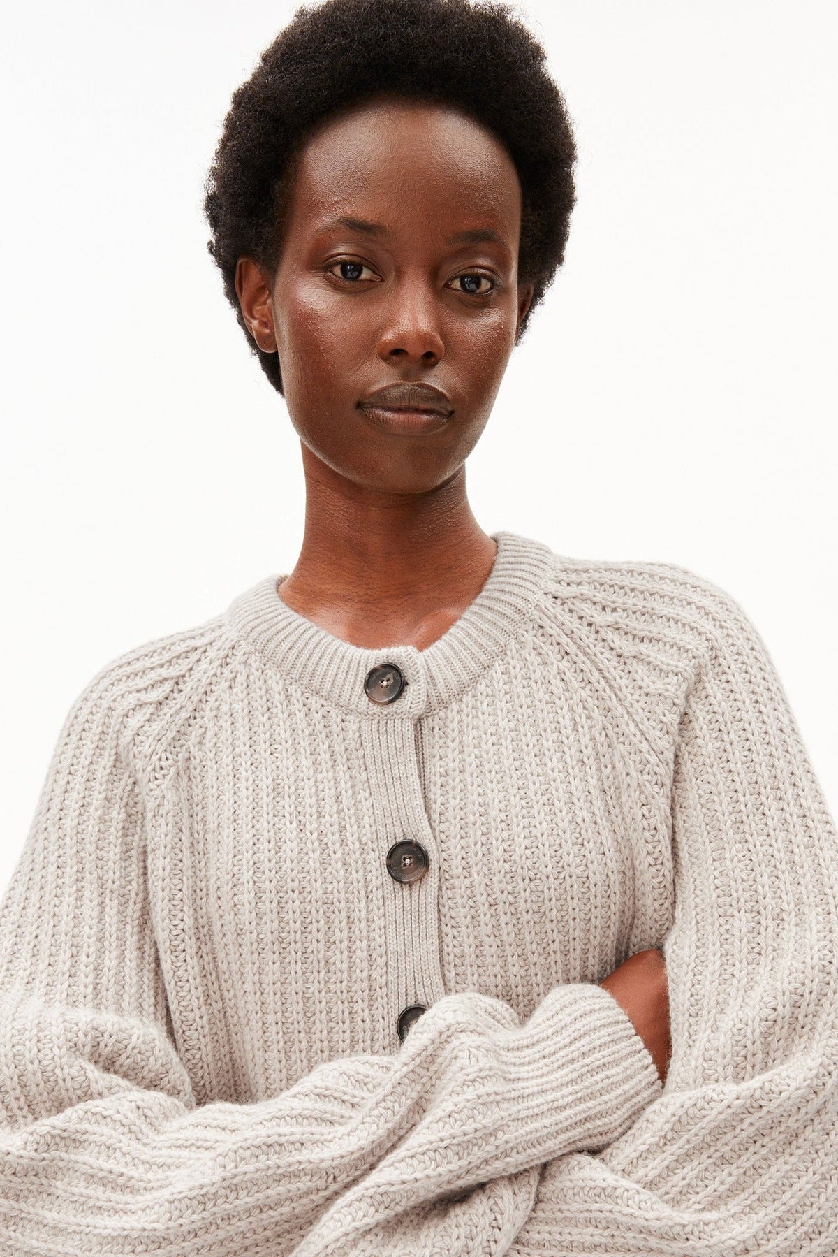 ARMEDANGELS-Rib Knit Cardigan-Honey Melange-BACKYARD