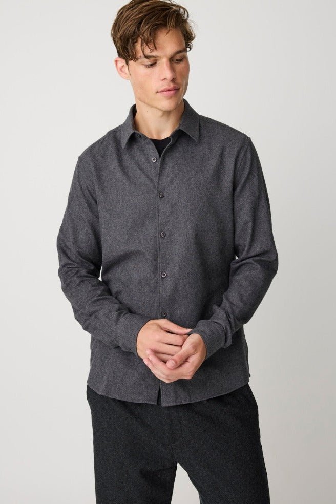 KNOWLEDGE COTTON-Dune Regular Flannel Shirt-Dark Grey Melange-BACKYARD
