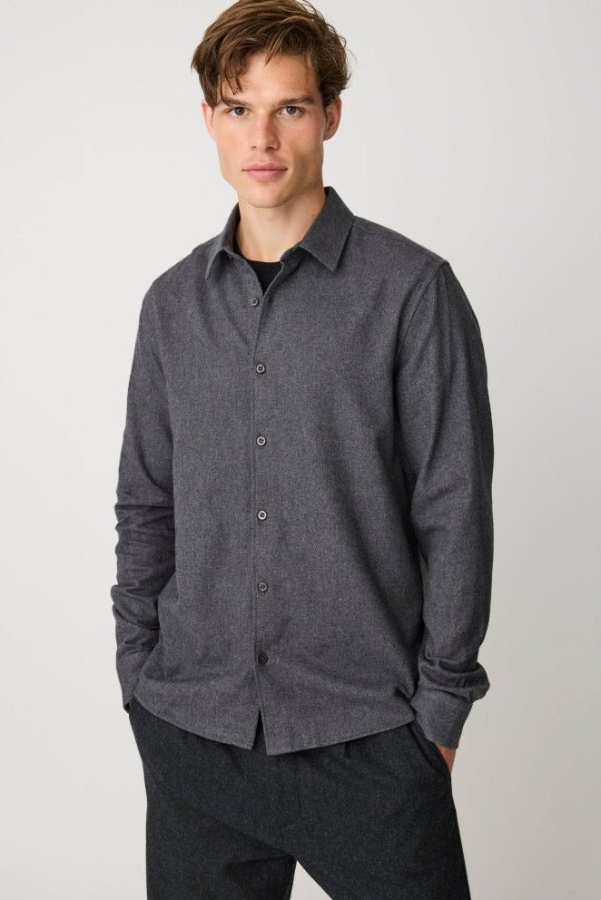 KNOWLEDGE COTTON-Dune Regular Flannel Shirt-Dark Grey Melange-BACKYARD