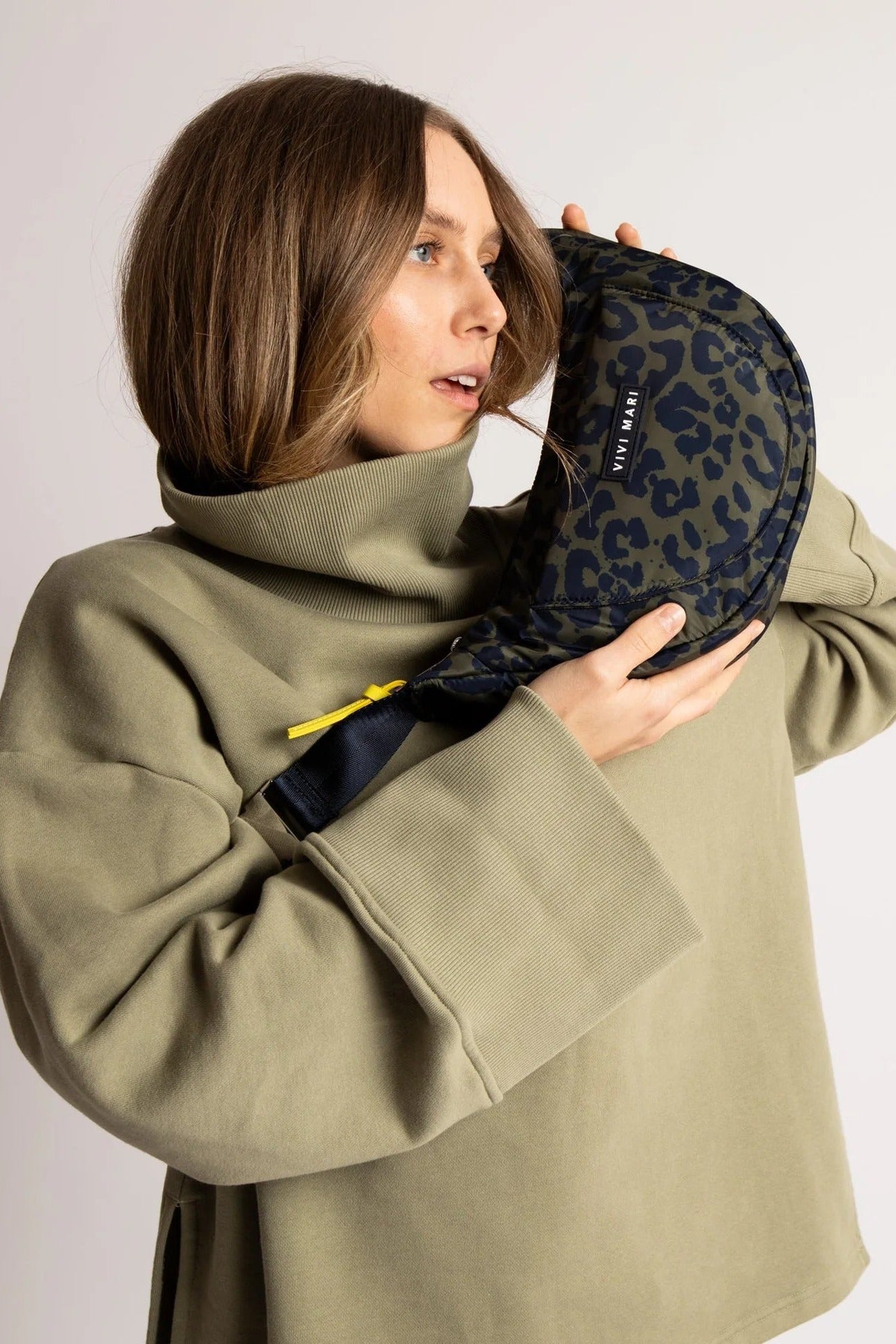 VIVI MARI-Padded Hip Bag Medium-Leo Splashes Navy Olive-BACKYARD